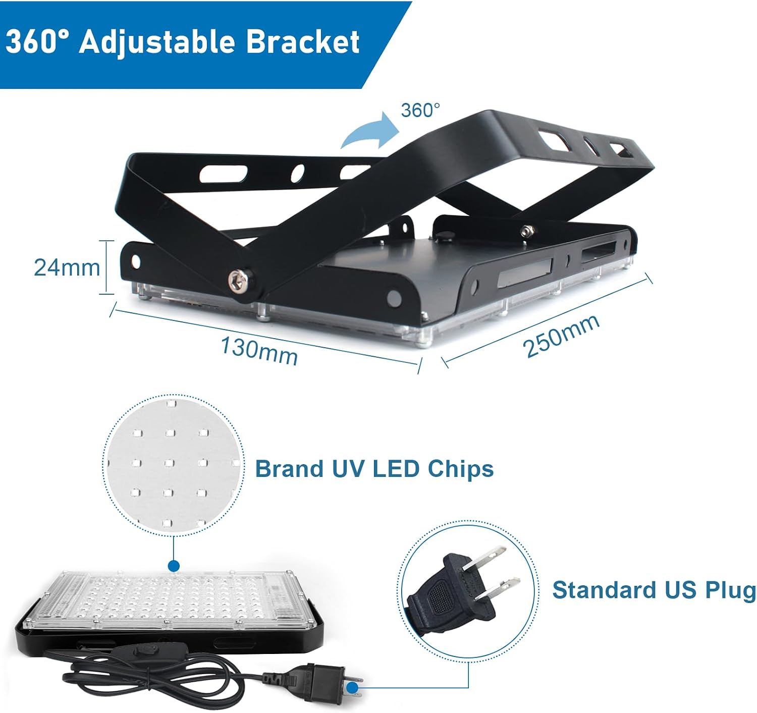 Indmird two-pack 100W UV LED black lights, die-cast aluminum with adjustable stands - 3
