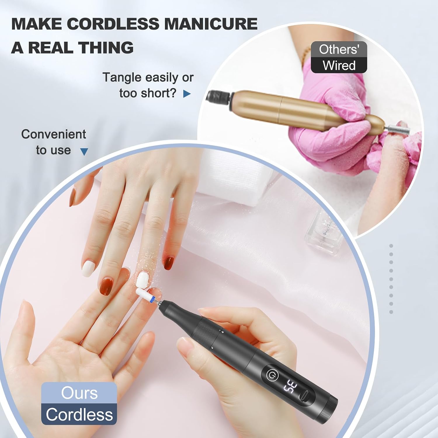 Pen-shaped cordless nail drill showing LCD touchscreen and accessories - 2