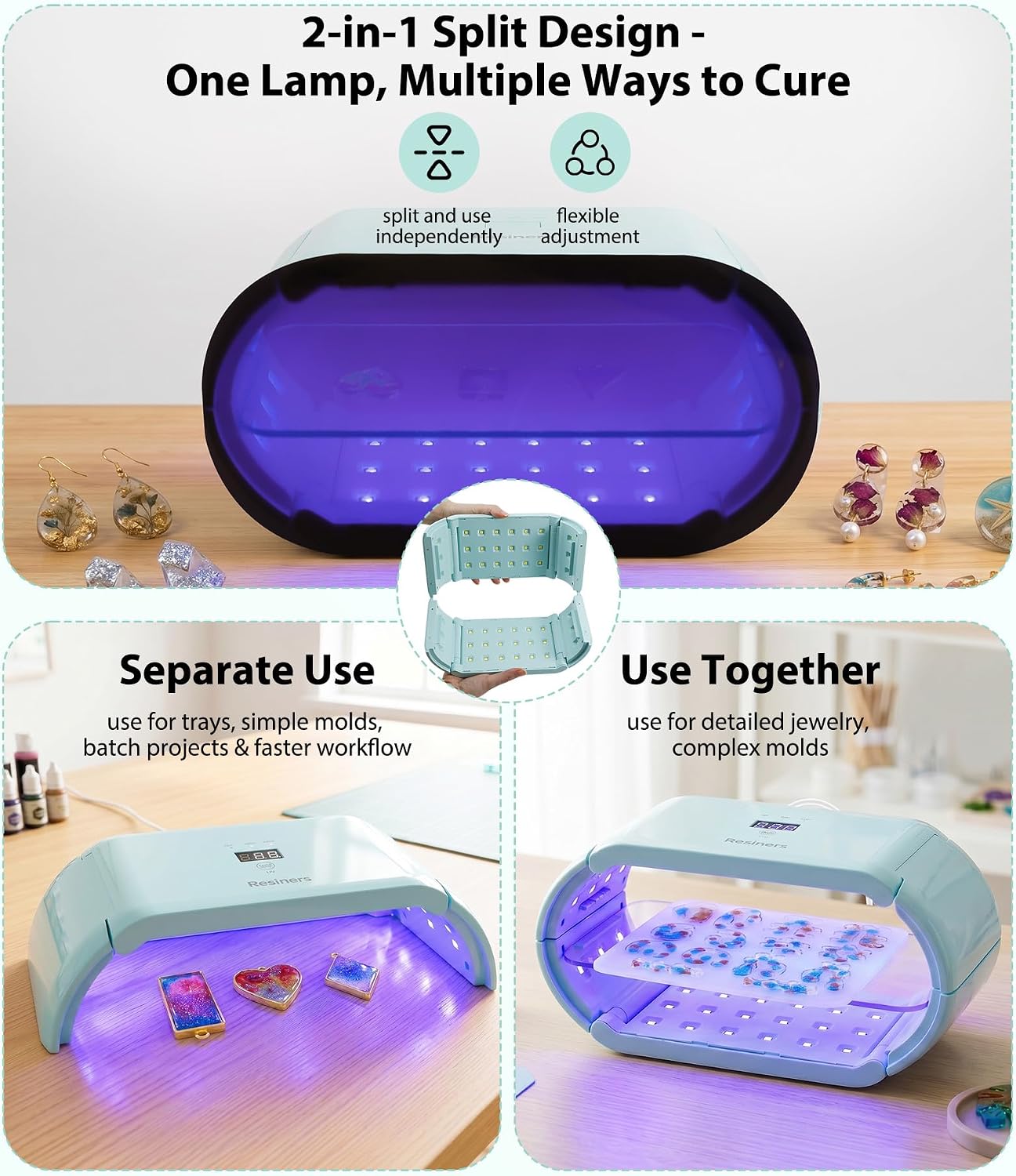 Resiners 360° resin curing lamp with black UV shielding plate and magnetic split halves - 3