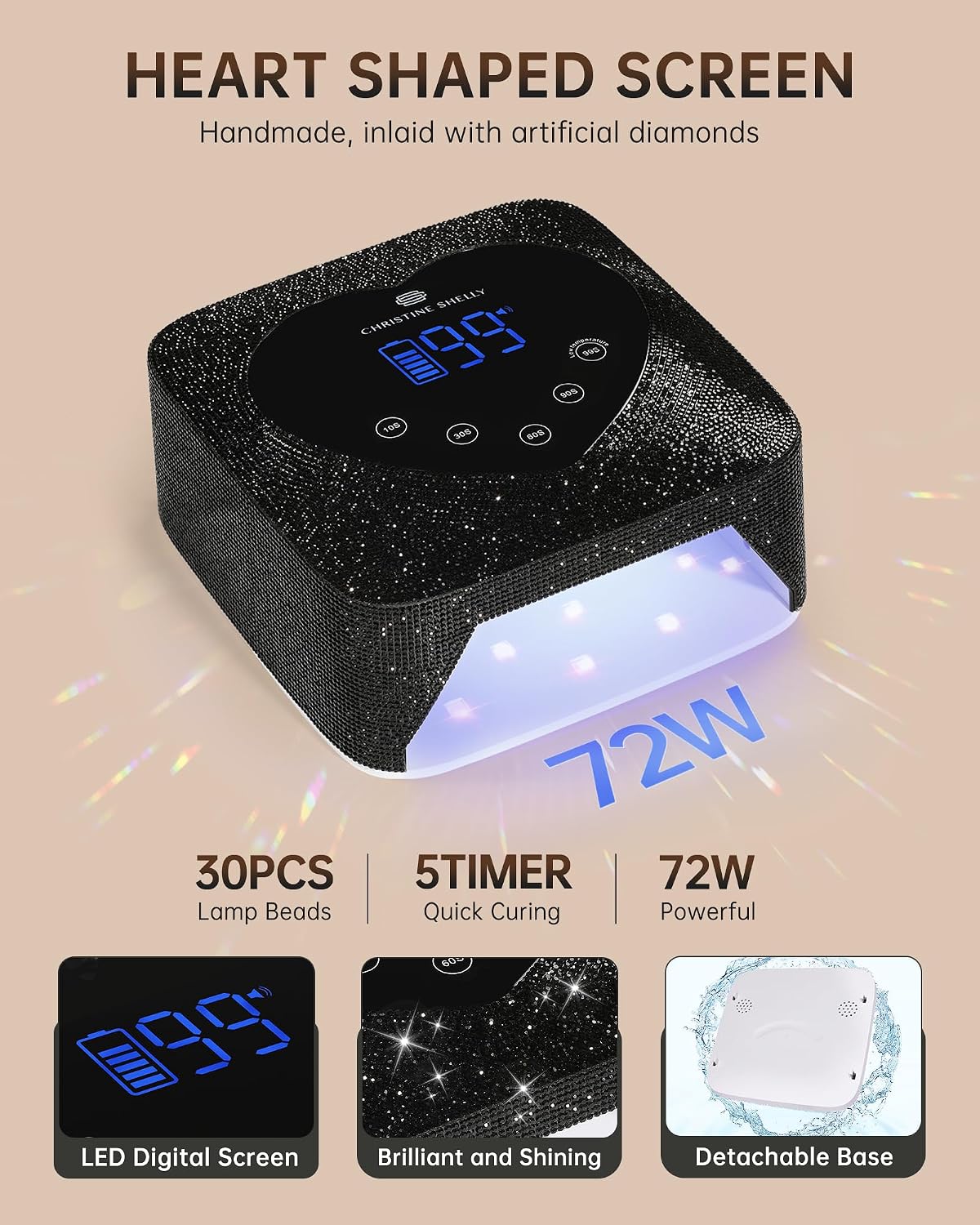Sparkly 72W rechargeable UV LED nail lamp with full-touch heart-shaped LCD and detachable base - 2