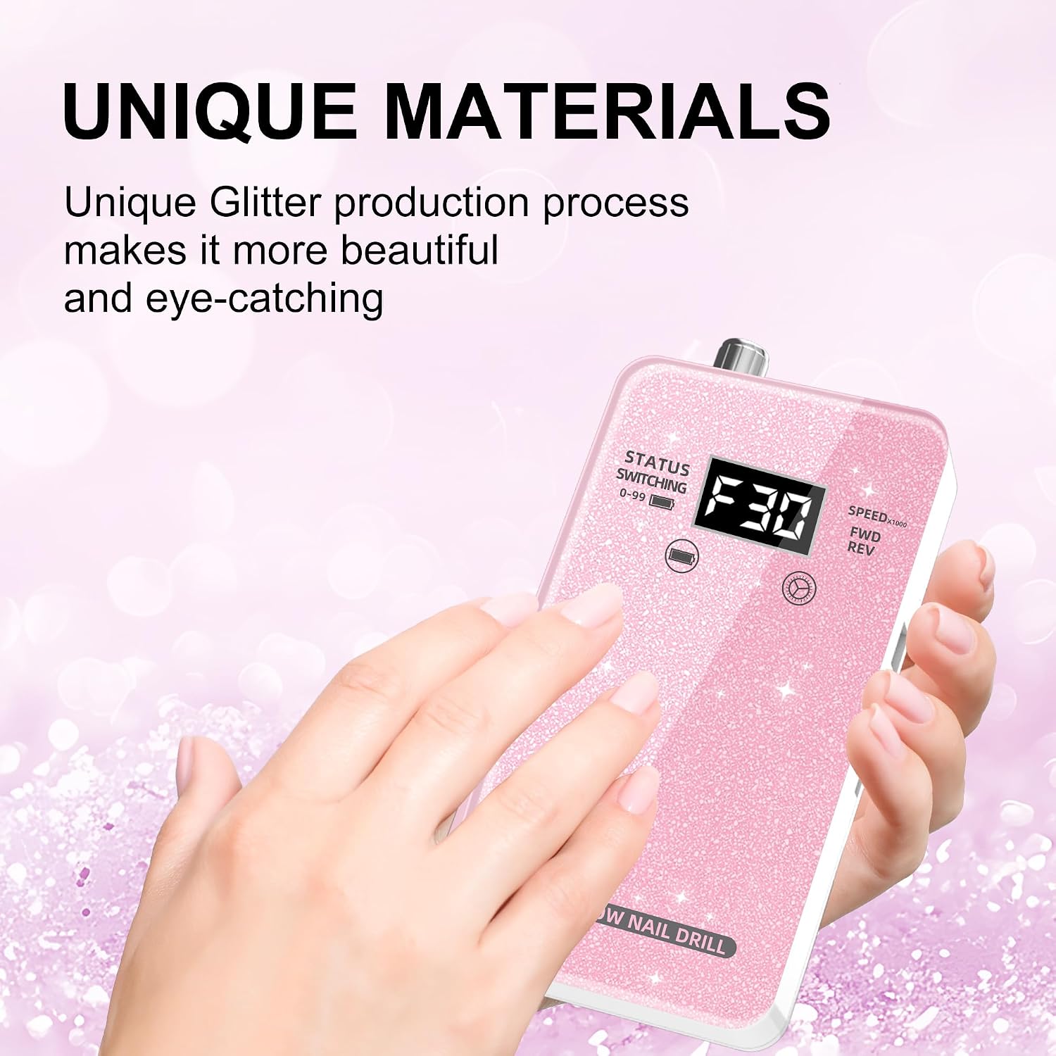 Pink glitter cordless e-file nail drill with handpiece, drill bits and sanding bands - 2