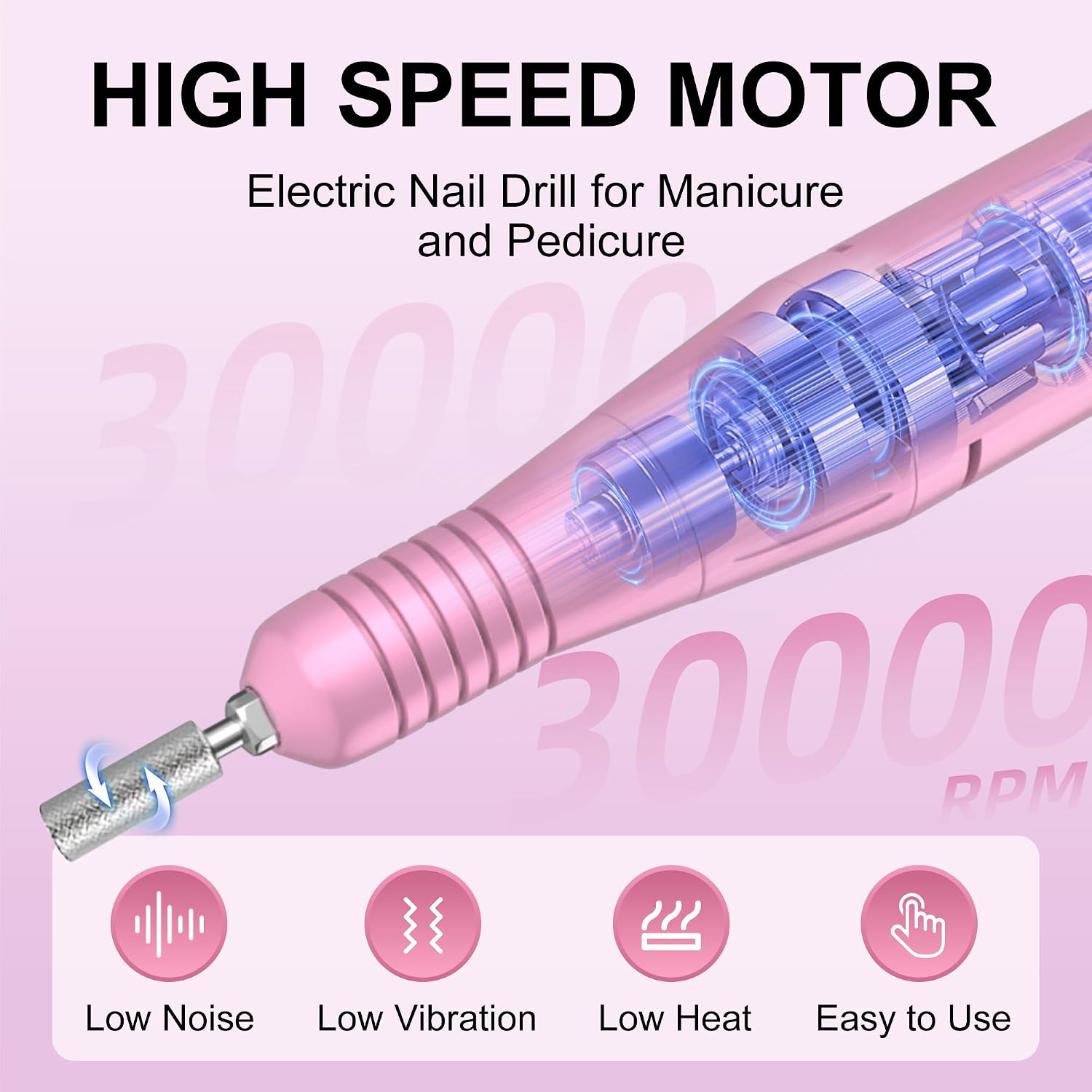 Pink glitter cordless e-file nail drill with handpiece, drill bits and sanding bands - 3