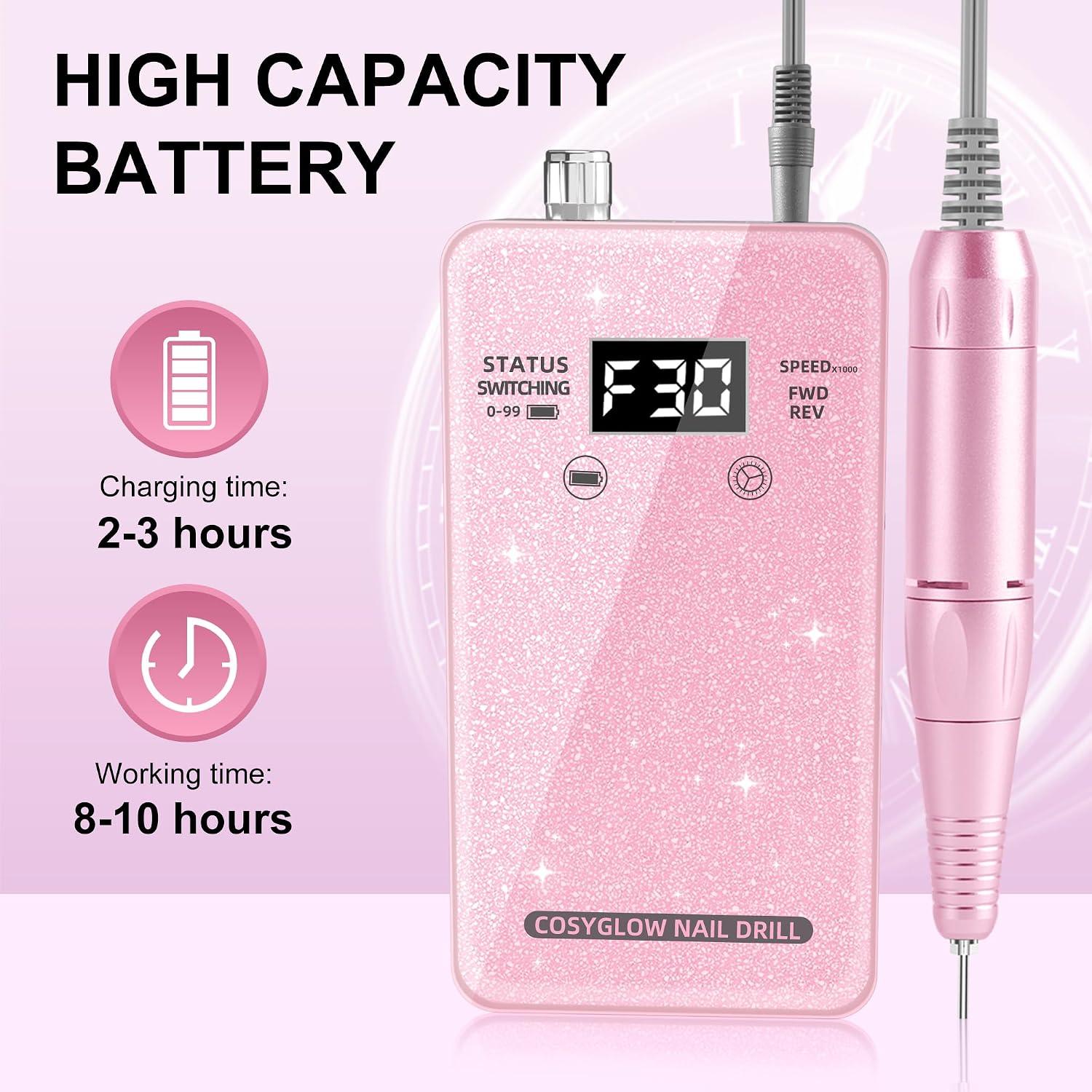 Pink glitter cordless e-file nail drill with handpiece, drill bits and sanding bands - 4