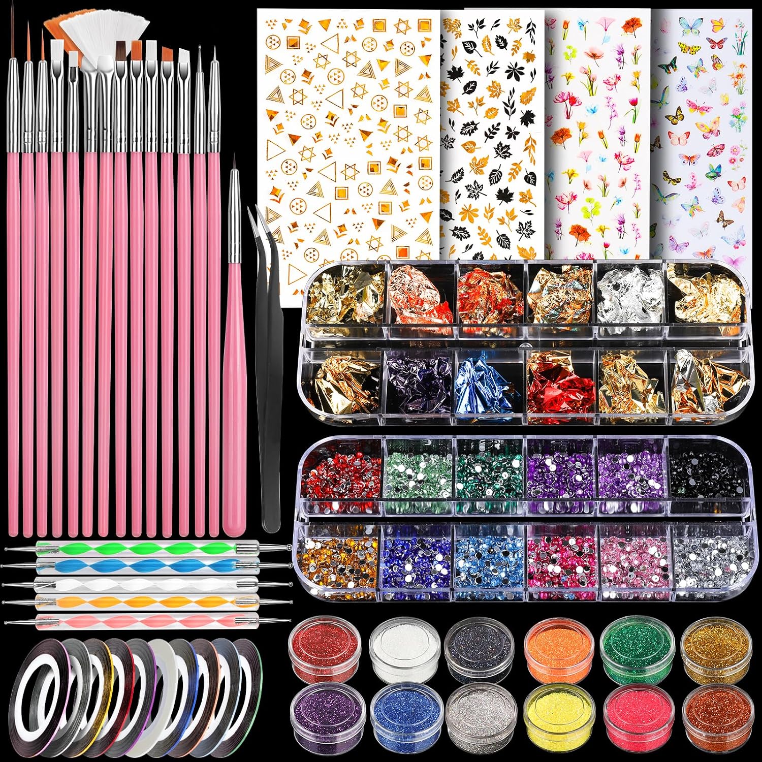 nail art brush and glitter kit — 15-piece tools set
