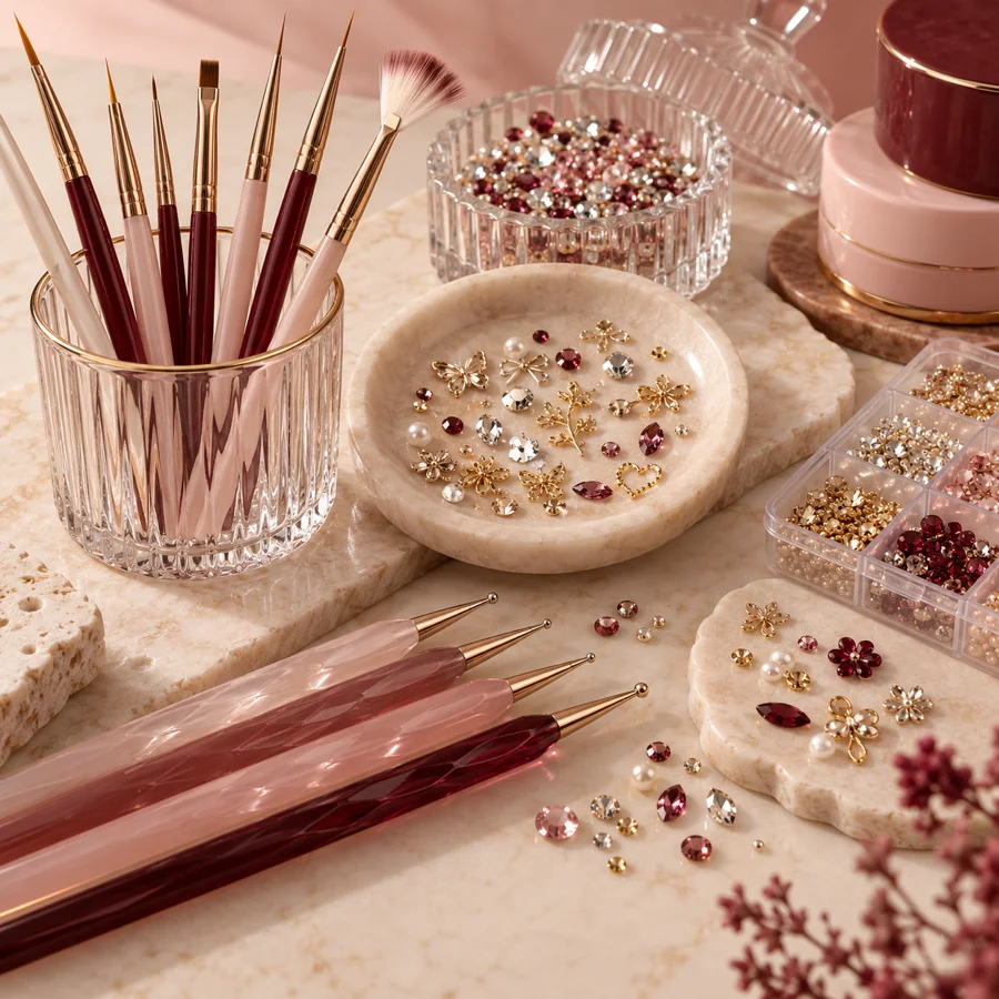 Nail art brushes, dotting tools and rhinestones