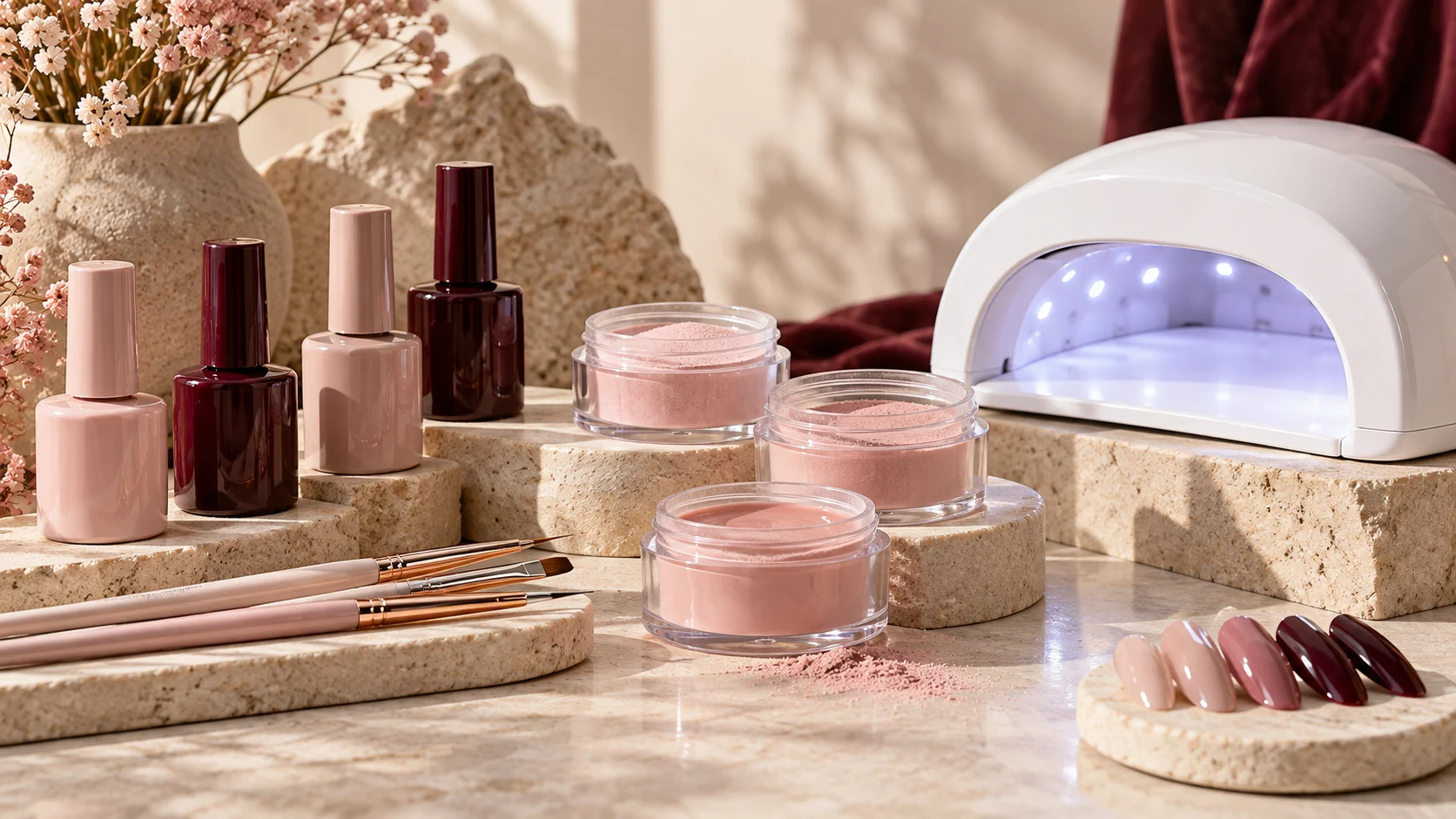 Professional nail supplies: gel polish, acrylic powders, brushes and a UV LED nail lamp
