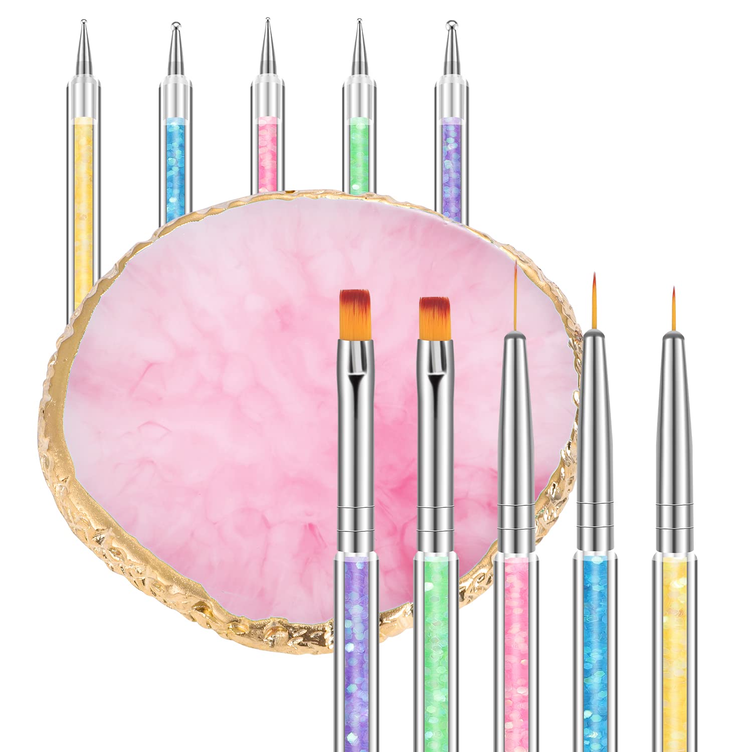 resin nail art palette set with 5 double-ended brushes