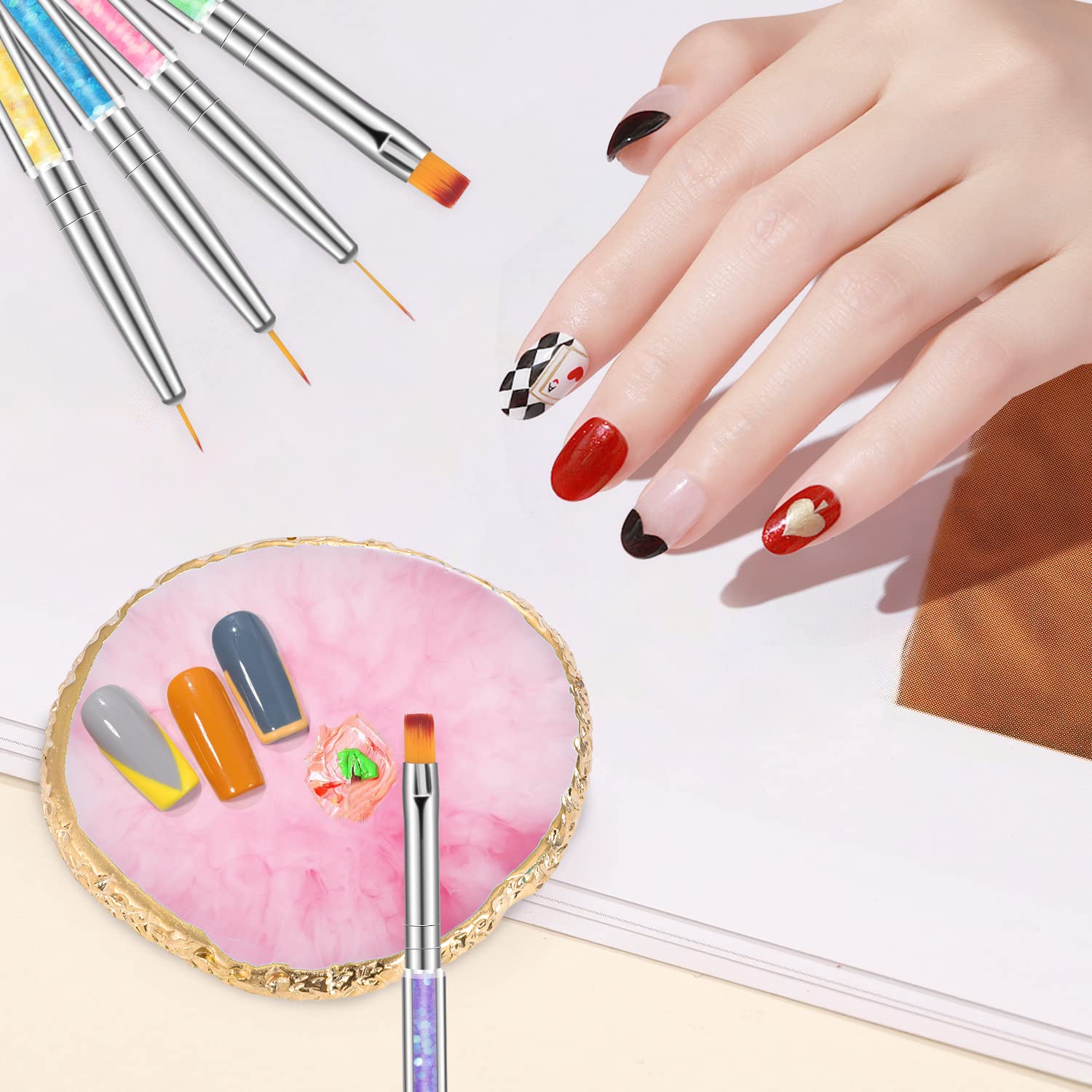 Pink resin nail palette with five double-ended nail brushes - 2