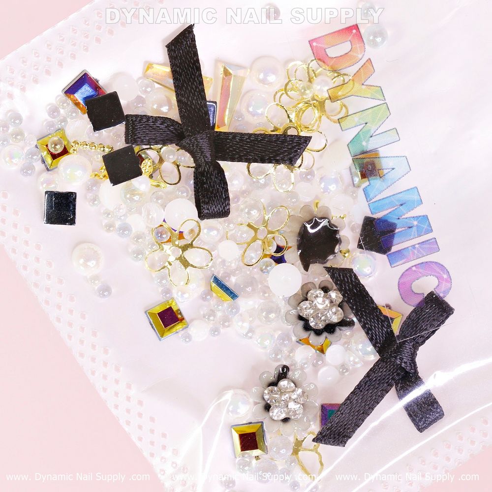 white pearls and colorful flower nail charms - 2